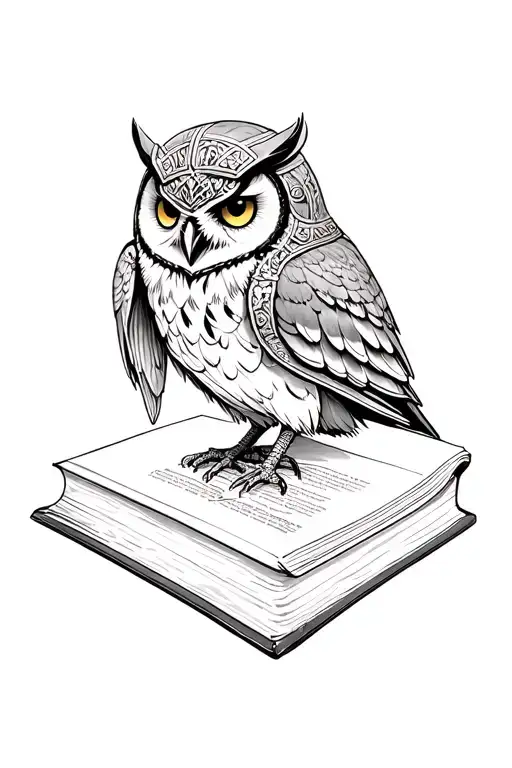 Owl On Book With Athena's Helmet Adorned With Intricate