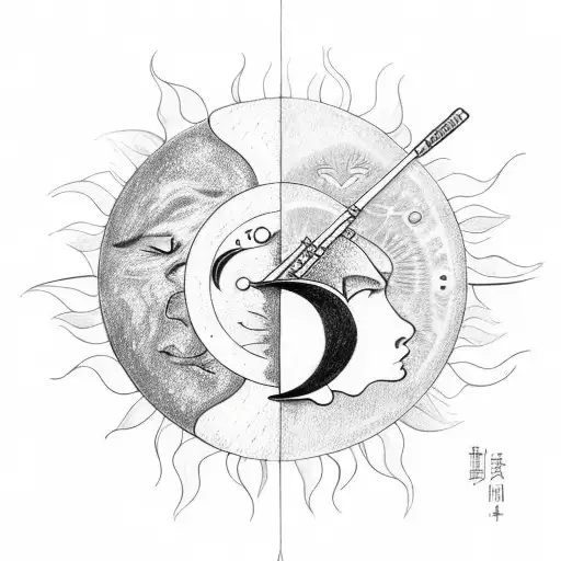 Broken Flute With Sun And Moon On Each Side