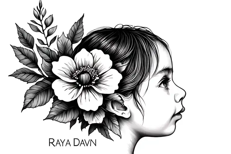 Baby Profile With Flower And The Name Raya Dawn In Fine Line