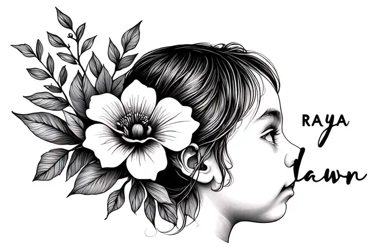 Baby Profile With Flower And The Name Raya Dawn In Fine Line