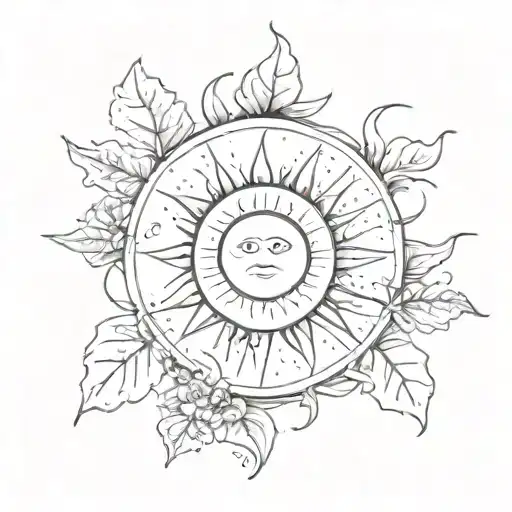 A Sun With A Spiral In Its Center Symbolizing Regrowth With Leaves And Flowers