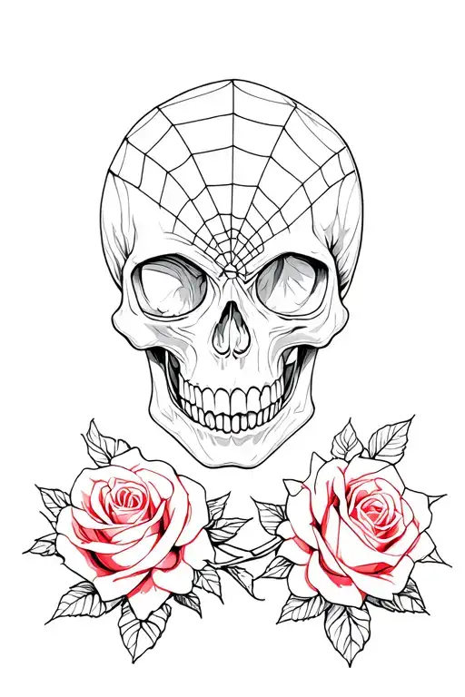 Skull With Web Design And Roses