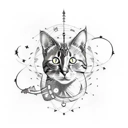 A Sketch Style Tattoo Of A Cat Playing A Guitar With A Constellation Forming The Soundwaves