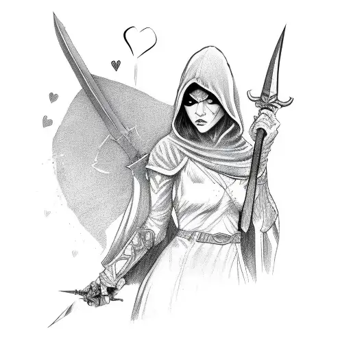 Assassin Woman With Hood On Holds A Dagger Wwith Heart On It