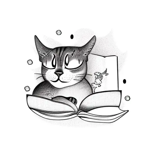 A Blackwork Tattoo Of A Cat Reading A Book With A Thought Bubble Filled With Educational Symbols
