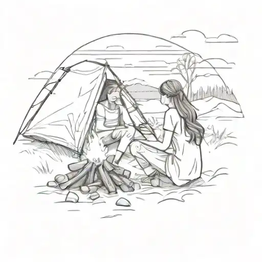 Woman Sat At A Campfire Outside A Tent With A Horse In The Background