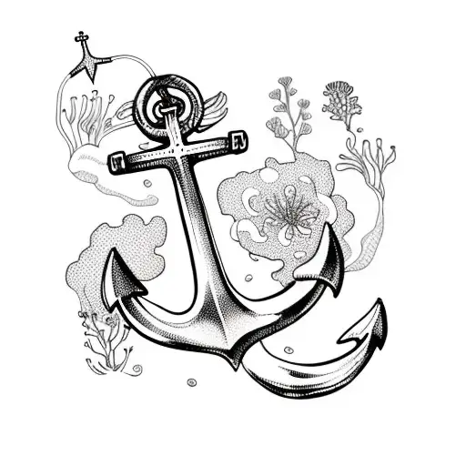 Anchor Surrounded By Flowers And Sea Life