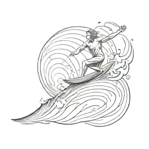 A Sketch Style Tattoo Of A Surfer Riding A Wave With A Music Note In The Background