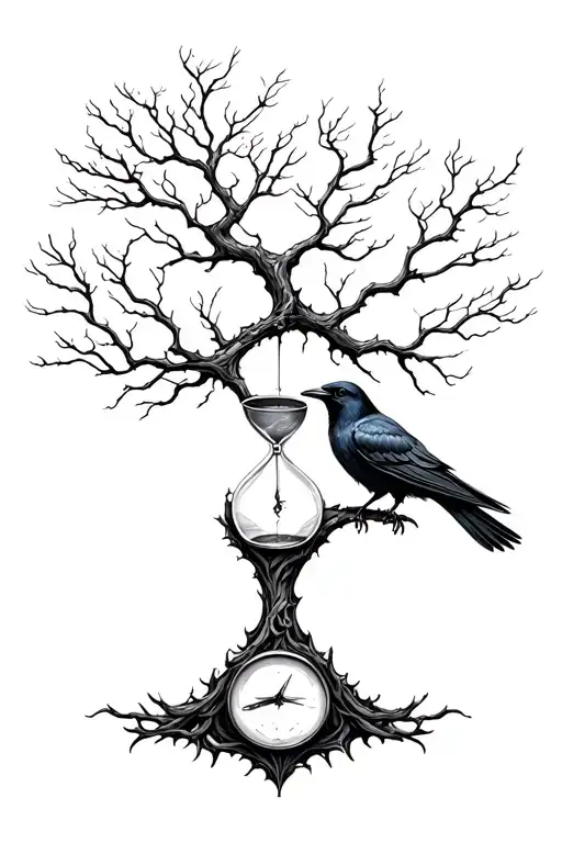 Tree With An Hour Glass And A Raven