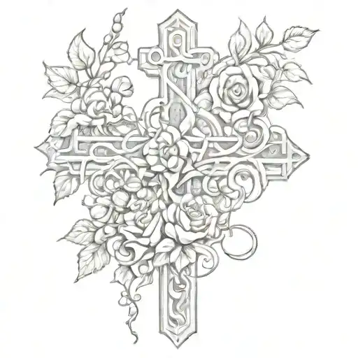 Cross With Vine Wrapping And Roses Intertwined