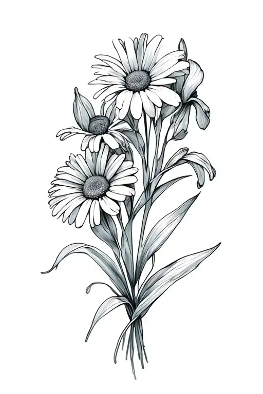 Boquet With 1 Aster And 1 Iris And 1 Daisy Flower Intertwined