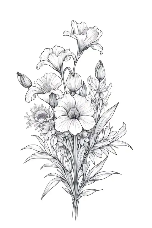 Boquet Including Sweet Pea Flower And Iris And Aster Flower And A Big Mountain