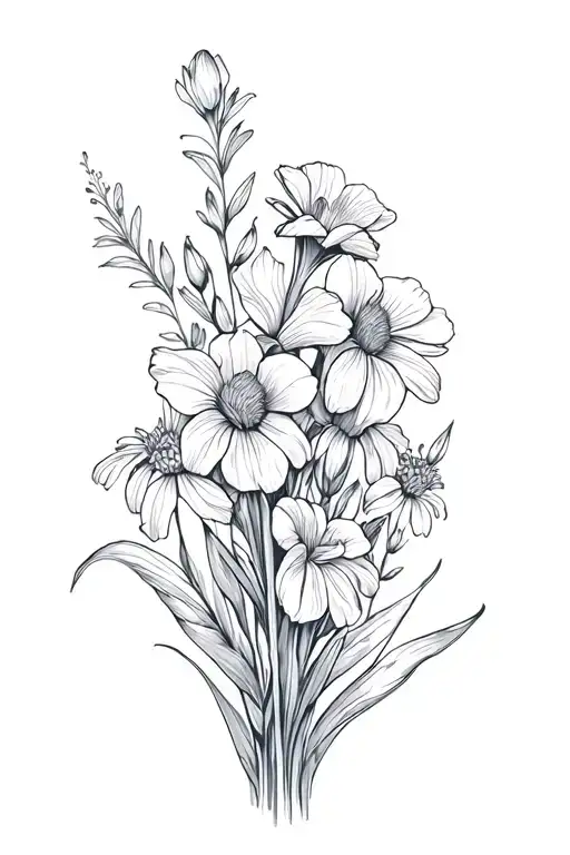 Boquet Including Sweet Pea Flower And Iris And Aster Flower And A Big Mountain