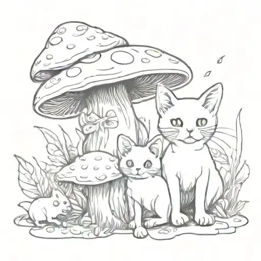 Mushrooms Whit Little Cat Sitting