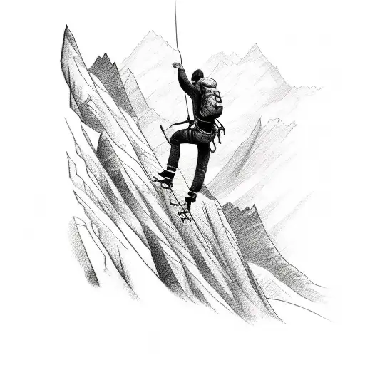 A Sketch-style Tattoo Of A Climber Reaching The Summit Of A Mountain With A Knife In Hand