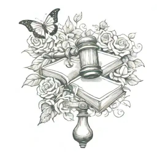 A Sketch-style Tattoo Of A Gavel And Law Book Surrounded By Swirling Vines Of Roses And Butterflies