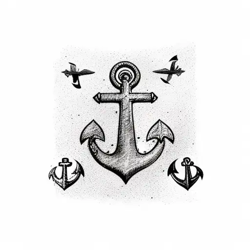 Anchor With 3 Birds Flying Above First Bird Is Pink Second Bird Is Blue And Last One Is Grey