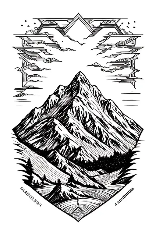 Mountain Tattoo On Forearm Grayscale Thin Lines Geometric Ornament
