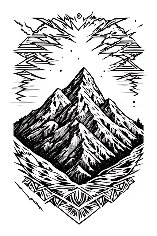 Mountain Tattoo On Forearm Grayscale Thin Lines Geometric Ornament