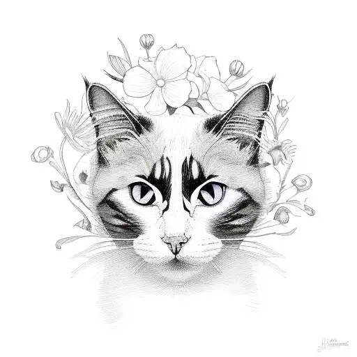 Black And White Cat Face With Flowers And A Guitar