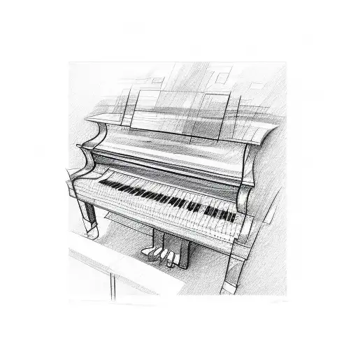 A Detailed Sketch Of A Grand Piano Surrounded By Vibrant Abstract Shapes