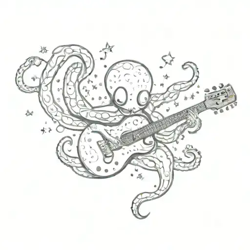 A Cosmic Octopus Playing A Guitar Under A Starry Sky