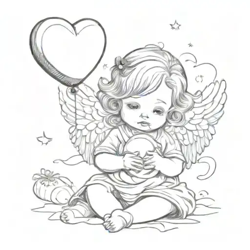 Baby Girl With Angel Wings And In Her Hand To Have A Baloon Heart Shape