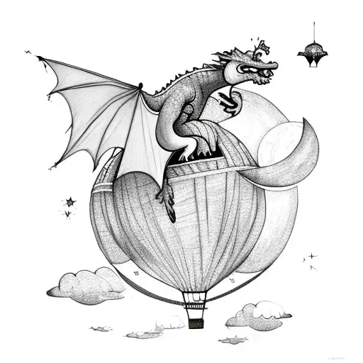 Dragon Sleeping On A Hot Air Balloon With Moon And Stars
