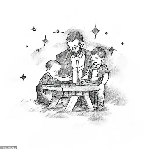 A Sketch-style Tattoo Of A Father And Child Woodworking Together Under A Starry Night Sky