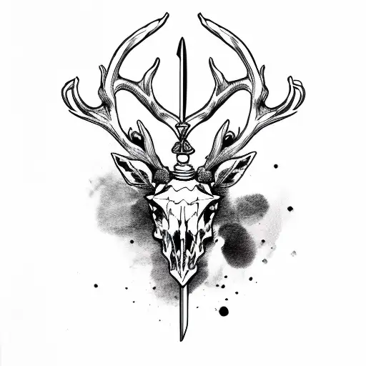 Stag Head With Sword Behind And 4 Skulls Below