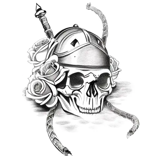 A Skull Wearing A Roman Gladiator Helmet Surrounded By Roses