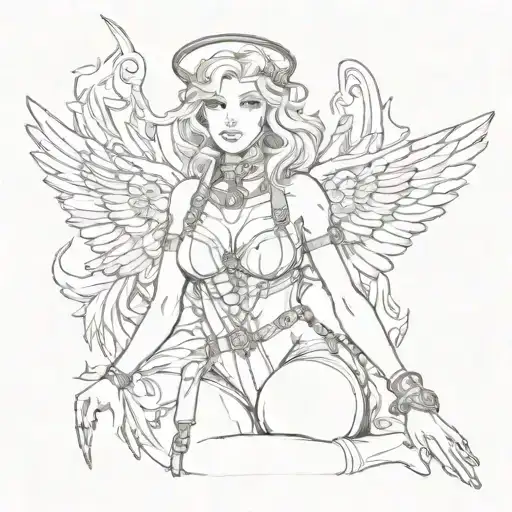 Nacked Female Angel Dressed In Leather Harness