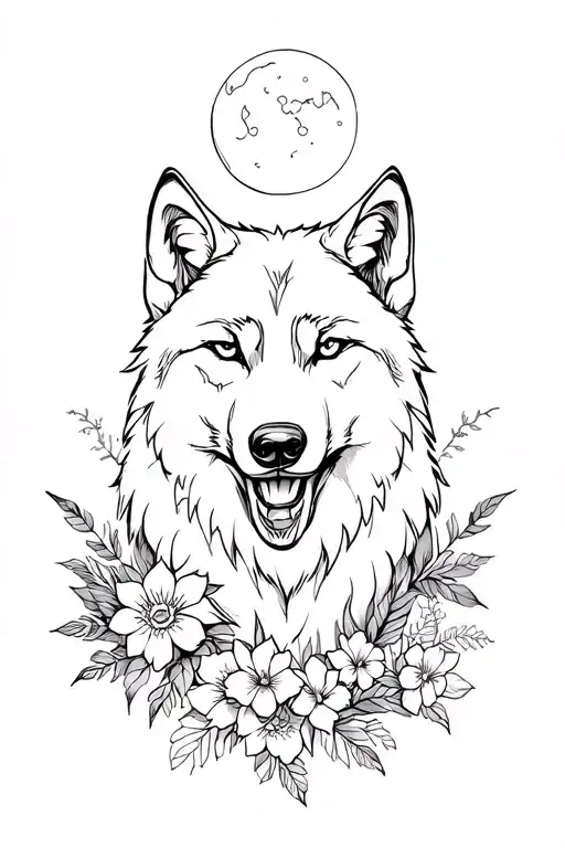 Wolf From The Front With A Moon And Flowers