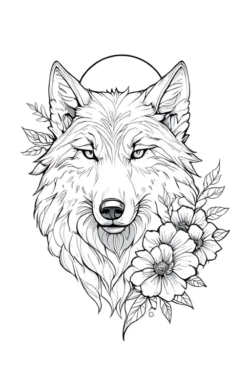 A Headwolf Head With A Moon And Flowers