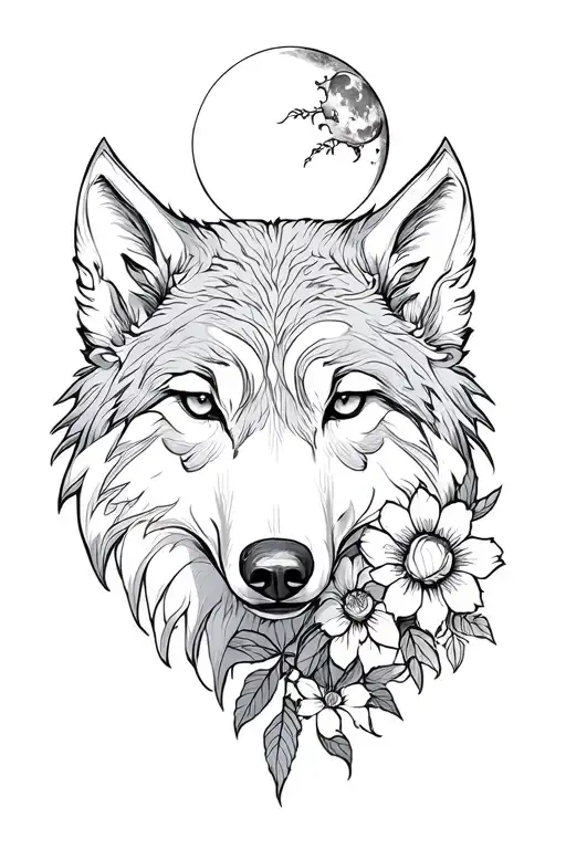 A Headwolf Head With A Moon And Flowers