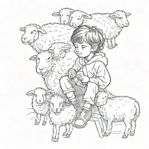 Little Boy Sitting With A Staff In His Hand Surrounded By A Herd Of Sheep