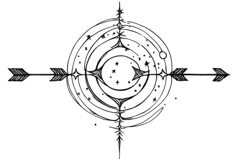 Stars And Moon Surrounding A Straight Line With Arrows On The Ends