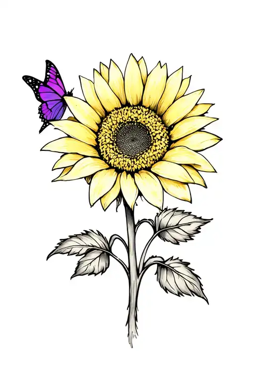 Yellow And Black Sunflower With Purple Butter Fly