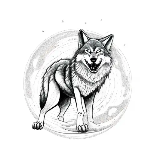 A Sketch Style Tattoo Of A Wolf Howling At The Moon While Standing On A Hiking Boot