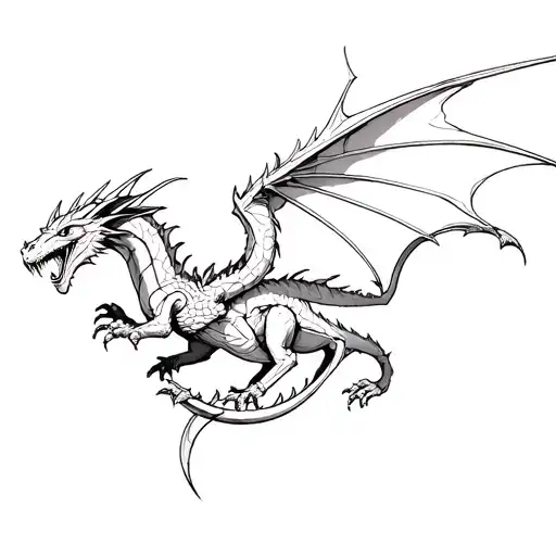 A Tattoo For A Woman's Thigh Of A Battle Dragon Similar To That Of Smaug From The Hobbit In Flight