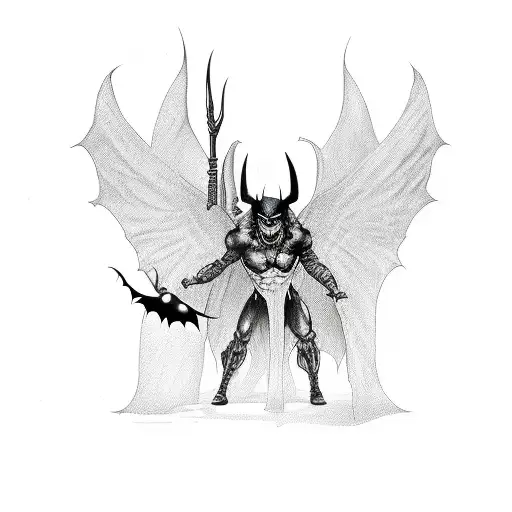 A Full Body Devil With Black Bat Wings Floating In The Air