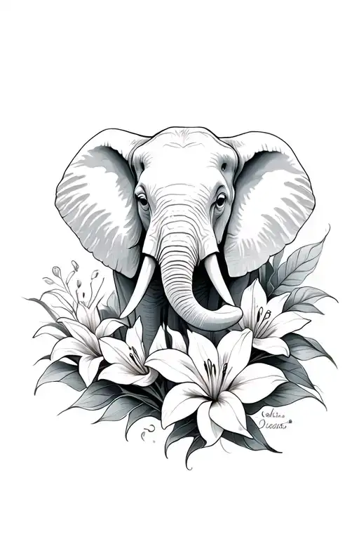 Elephant And Lilies Intertwined