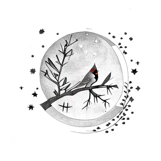 Cardinal Sitting On A Tree With Moon And Stars