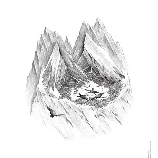 Two Mountain Peaks With Two Birds Flying From A Nest
