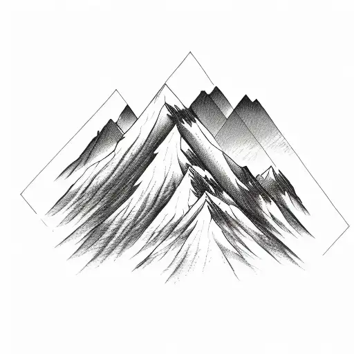 Two Mountain Peaks In A Triangle With A Creek And Birds Flying