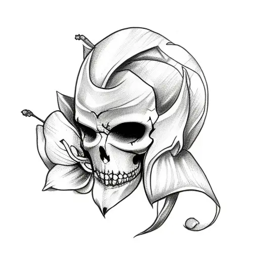 Sketch Style Tattoo Of A Caveira Holding An Orchid