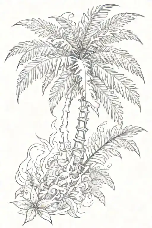 Single Palm Tree With Leaves On Fire