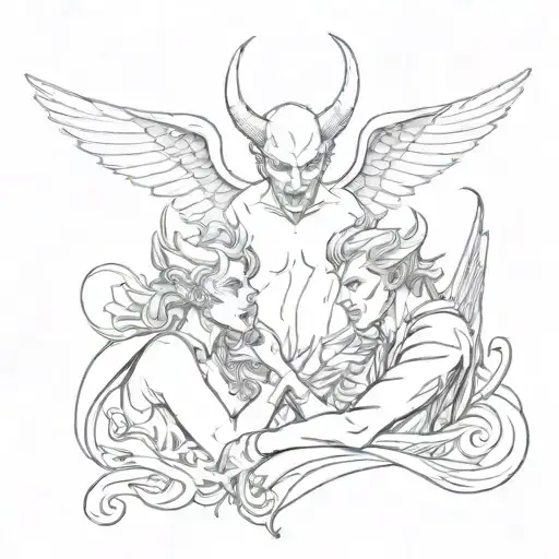 A Whimsical Devil Looking Up At An Angel