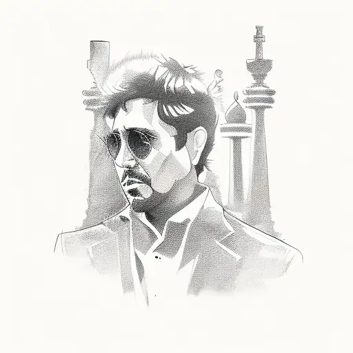 A Sketch-style Portrait Of Tony Montana Surrounded By Chess Pieces And Dollar Signs