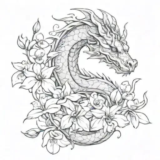 A Majestic Dragon Intertwined With Blooming Orchids